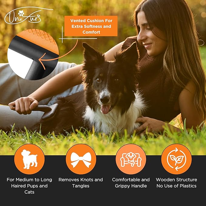 Black Medium Dog Slicker Brush for Dogs and Cats Grooming | Detangle, Fluff & Volumize | Soft Vented Cushion | Matt Rubberized Paint | Ergonomic Handle | Wire Brush | Orange Details