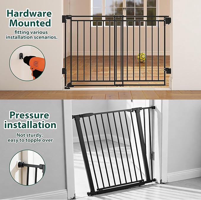 26.5-43" No Bottom Bar Baby Gate for Stairs and Doorways, 29" Tall Hardware-Mounted Baby Gate for Top and Bottom Stairs, Auto-Close Dog Gate Indoor with Extra Wide Walk Thru