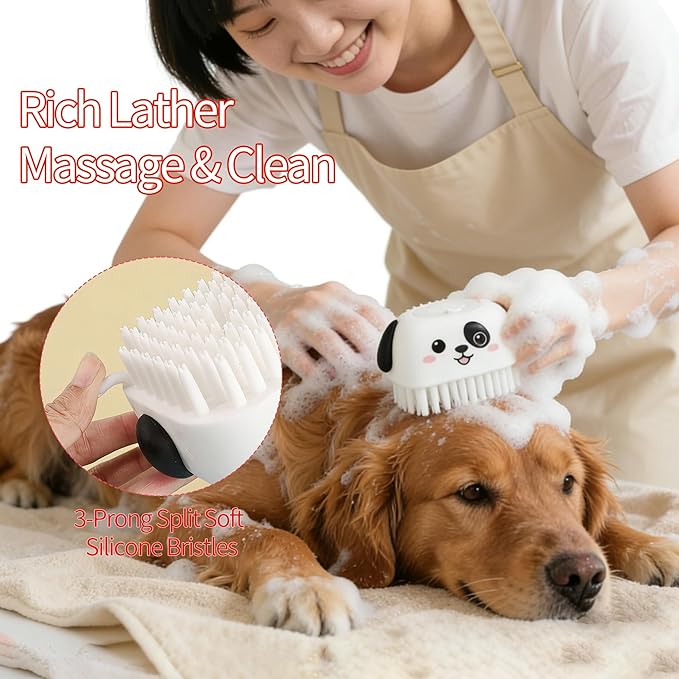 3PCS Pet Grooming Kit – Dog Bath Brush with Soap Dispenser & 2 Finger Toothbrushes | Silicone Dog Shampoo Brush for Dogs & Cats
