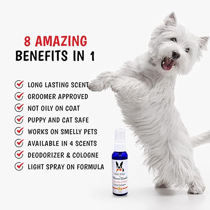 Warren London Wet Kiss Dog Cologne Spray – Tuscan Citrus | 2 oz Long-Lasting Odor Eliminator & Coat Freshener for Dogs & Cats