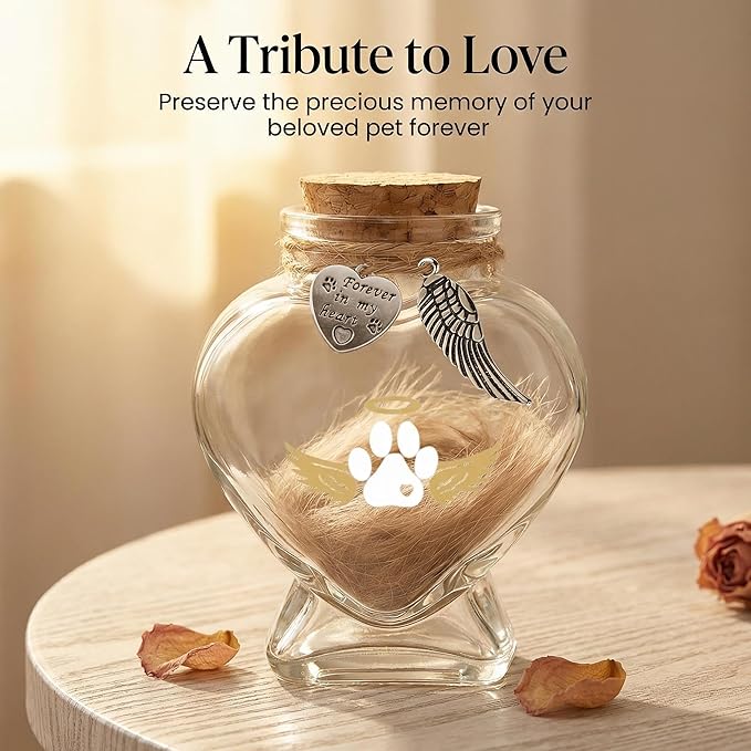 Pet Memorial Bottle for Pet Hair, Pet Fur Memorial Keepsake, Keepsake for Dog and Cat Hair with Heart Shape Glass