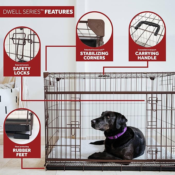 Lucky Dog Dwell Series 36 Inch Medium/Large Lightweight Kennel Secure Fenced Pet Dog Crate w/Divider Panels, Sliding Doors, and Removable Tray, Black