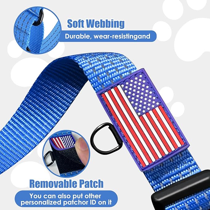 Martingale Dog Collar, Reflective No Pull Training Collar with Quick Release Buckle & USA Flag, Heavy-Duty Nylon, Adjustable for Small Medium Large Dogs (L,Blue with Flag