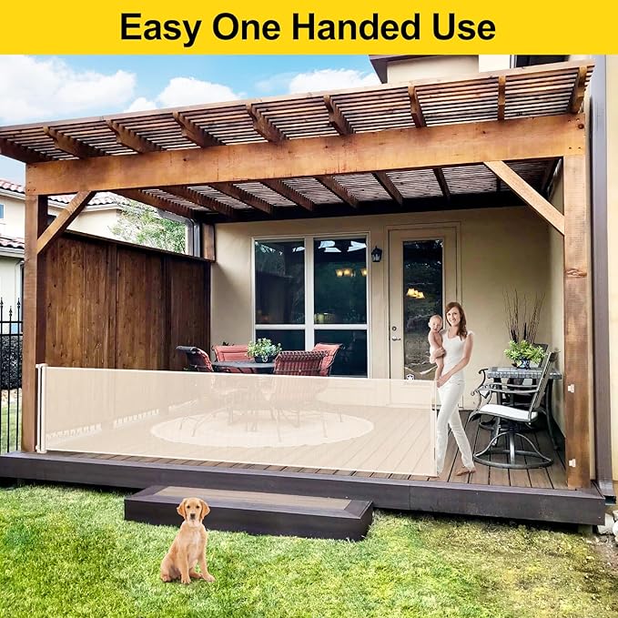 195 Inch Extra Wide Retractable Baby Gate for Large Openings, 33" Tall Extra Long Dog Gate for Doorway and Stairs Indoor Outdoor Retractable Pet Gate Long Mesh Child Gates for Kids or Pets, Beige