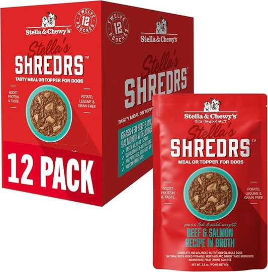 Stella & Chewy's Grass Fed Beef & Wild Caught Salmon Shredrs - Premium Dog Food Pouches - Perfect for Picky Eaters- 12 Pack, 2.8oz Each
