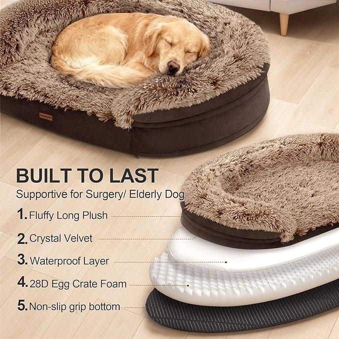 Orthopedic Dog Beds for Large Dogs, 41" x 32.6" x 7.7" Supportive Dog Sofa Bed with 28D Egg-Crate Foam, Removable Washable Cover, Waterproof Lining, for Puppy,Senior,Sick, Brown