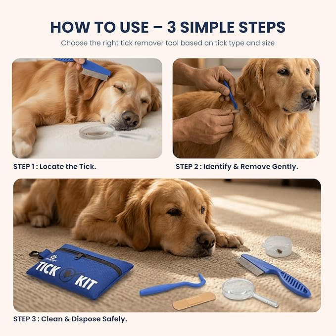 Complete Tick Removal Kit for Dogs & Cats – Tick Remover Tool Set with 3 Size Hooks, Tick Comb & Stainless Steel Precision Tick Remover + Tweezers, Travel Pouch – Safe, Fast Tick Removal