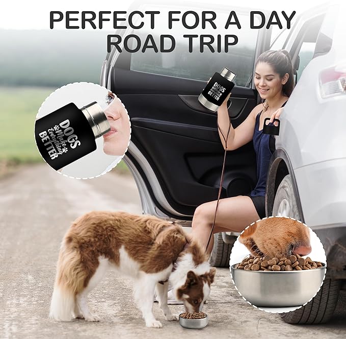 Insulated Dog Travel Water Bottle With Detachable Bowls, Ideal Gifts for Dog Lovers, Portable Water Bottle Dispenser, For Walking, Hiking, Camping, Outdoor (Black:Dogs Better, 32 Oz)
