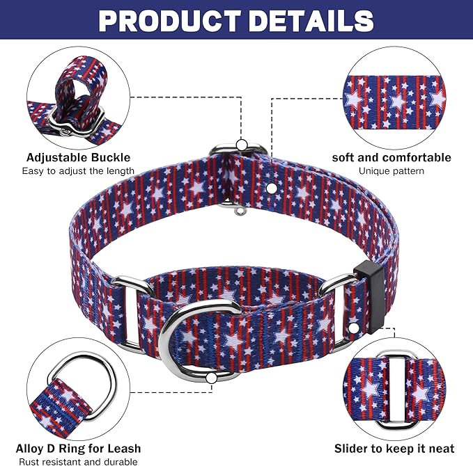 Hikiko American Flag Martingale Collar with No Buckle Soft Nylon Dog Collar for Large Dogs,Blue Star Stripe,L