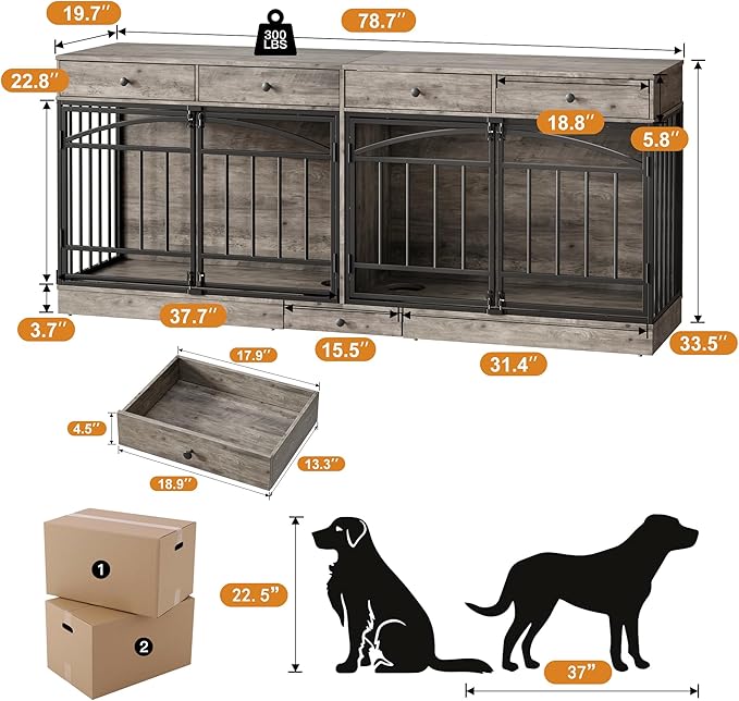 IDEALHOUSE 78.7" Double Dog Crate Furniture with Storage and 4 Doors, Dog Kennel Indoor with Feeding Bowls, Wood Dog Crate TV Stand for Small Medium Dogs, Grey