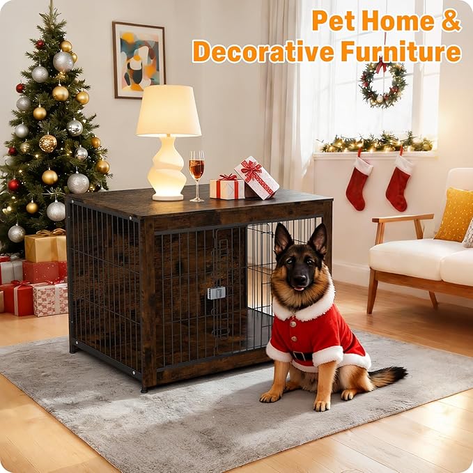 Furniture Style Dog Crate, 43" Wooden Dog Kennel End Table with Solid Top, Indoor Pet Crate House with Secure Slide Lock, Modern Dog Cage Furniture for Small & Medium Dogs, Aged Black