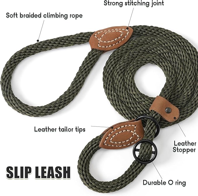 Mile High Life Slip Leads for Dogs | Heavy Duty Dog Training Leash | 6 Feet No Pull Slip Leashes w Leather Tip | Dark Green Rope Lead for Dogs Outside