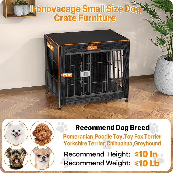 Furniture Style Dog Crate, 27" Wooden Dog Kennel End Table with Solid Top, Indoor Pet Crate House with Secure Slide Lock, Modern Dog Cage Furniture for Small & Medium Dogs, Black