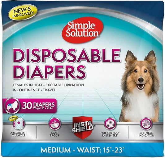 Simple Solution Female Dog Diapers – Disposable Leak-Proof Diapers for Incontinence, Potty Training, and Heat Cycle – Adjustable Fit for Medium Dogs with 15–23 Inch Waist – 30 Count (Pack of 12)