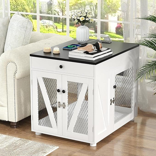 VOWNER Dog Crate Furniture, Wooden Dog Kennel End Table with USB Charging Station, Storage Drawer, Double Latched Door, Furniture-Style Crate Side Table for Medium Dogs Under 40 lbs Indoor Use, White