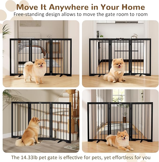 32" Extra Tall Freestanding Dog Gate, Foldable Pet Gate for Doorways Stairs Hallways, 3-Panel Dog Fence with Support Feet for Stability, Folding Puppy Gate Easy to Carry No Drilling 54"x32"