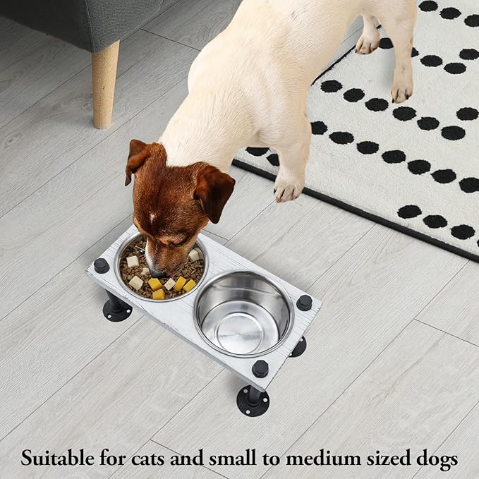 MyGift Vintage White Solid Wood Elevated Feeder with Industrial Metal Legs, 6.2" Tall Bowls for Medium Sized Dogs, Raised Food and Water Stand with 2 Stainless Steel Bowls