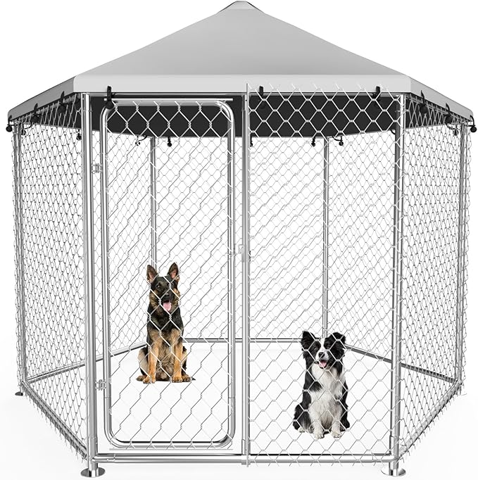 6.8x6.8 FT Heavy Duty Outdoor Dog Kennel, Large Galvanized Steel Enclosure with Waterproof UV-Resistant Roof & Secure Lock, Hexagonal Wire Mesh Design for Backyard, Patio & Garden (81x81x95.3IN)