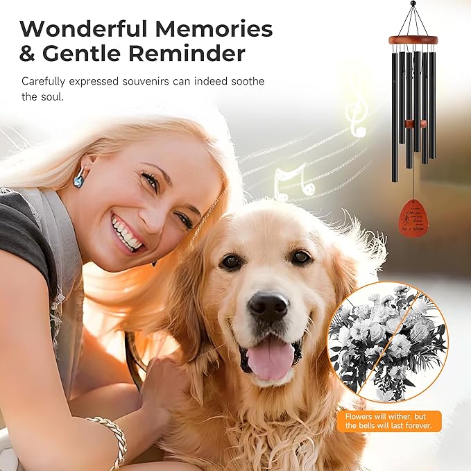 Dog Memorial Gifts for Loss of Dog, 26" Pet Memorial Wind Chimes Remembrance Gift Sympathy Gift, in Memory of Cat, Loss of Pet Gifts (Black)