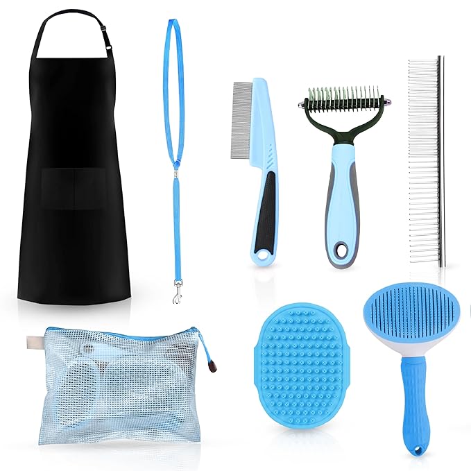 Pet Grooming Kit with Brushes, Grooming Loop Leash, Apron, Dematting Comb, Slicker Brush, Dog Bath Brush - Blue - For Short Haired Dogs