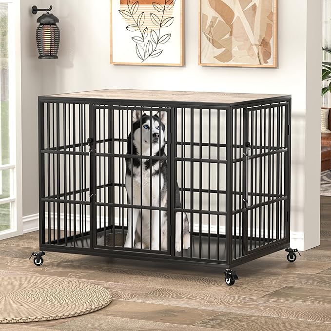 VERIFURTY 42 Inch Heavy Duty Dog Crate Furniture with Self-Locking Latch for Medium and Large Dogs, Escape-Proof Dog Kennel Furniture Indoor, Decorative Pet Cage End Table, Grey