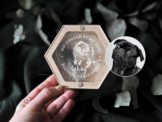 Personalized Pet Hair Keepsake Box for Dog and Cat Fur - Engraved Wood Memorial Box - Unique Customized Gift for Loss of Furry Friend Wooden (Light Diamand Clear Lid, With Photo)