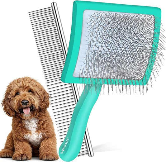 Slicker Brush for Dogs, Large Dog Brush to Long Haired Dogs for Poodles Doodles Goldendoodles Bernedoodles, Long Pin Grooming Kits to Dematting & Reducing Tangles and Fluff, Green