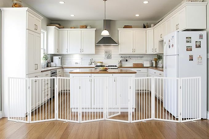 Vantas Folding No-Assembly Metal Pet Gate 160" Wide, 32" Extra Tall Dog Gate with Door Walk Through, Freestanding Accordion Puppy Gate Dog Door for Indoor & Outdoor, with 4PCS Support - White