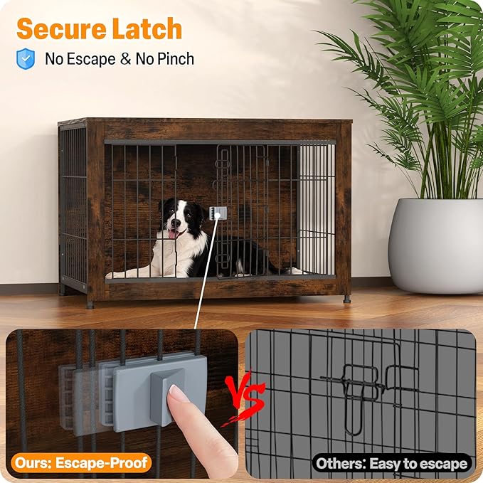 Furniture Style Dog Crate, 38" Wooden Dog Kennel End Table with Solid Top, Indoor Pet Crate House with Secure Slide Lock, Modern Dog Cage Furniture for Small & Medium Dogs, Aged Black