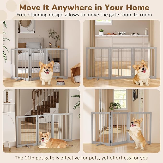Free Standing Dog Gate Indoor, Foldable Dog Gate for Doorways Stairs Hallways, 3-Panel Freestanding Pet Gate with Support Feet for Stability, Folding Puppy Gate Easy to Move, Doggy Gate 54"x24"