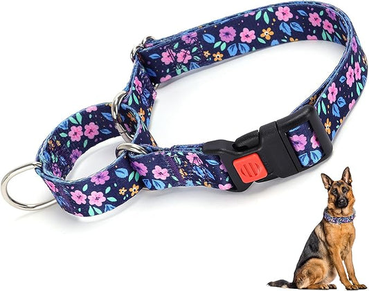 Martingale Collar for Large Dogs, Heavy Duty Training Collars with Bull Flower Design, Adjustable No Slip Collar with Safety Buckle for Girl or Boy, Perfect for Training, Walking, Hunting (L)