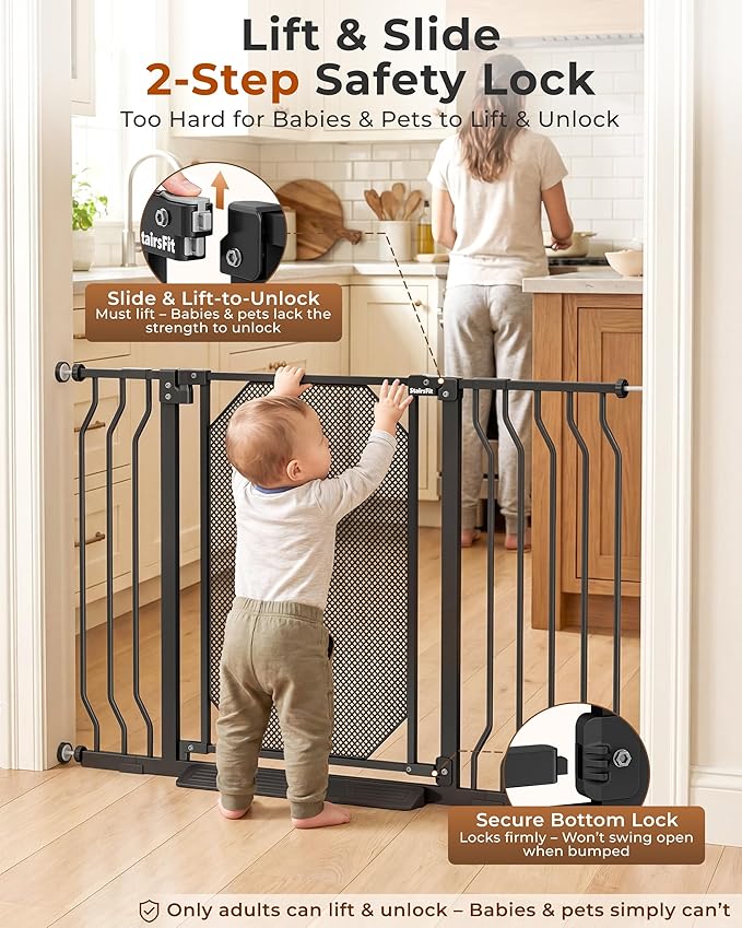 29.5-48" Baby Gate for Stairs, Pressure Mount No Drill, Lift to Unlock Child Proof, One-Hand Auto Close Walk Through Pet Dog Gate for Doorways, Fits 4 Different Width Ranges, Black
