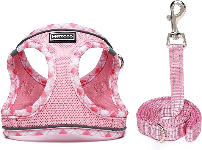 Mercano Soft Mesh Dog Harness and Leash Set, No-Chock Step-in Reflective Breathable Lightweight Easy Walk Vest Harnesses with Safety Buckle for Small Dogs, Cats (Pink, XL)