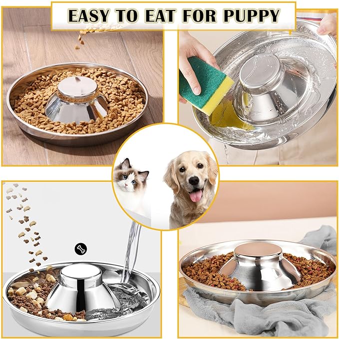 2 Pack Stainless Steel Puppy Bowls - 10 Inch Puppy Feeders Slow Pet Dog Feeding Bowls for Multiple Puppies - Food and Water Bowl for Small Dogs, Cat