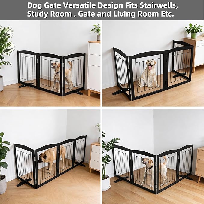 Dog Fence Indoor,Dog Gate Indoor for Doorway pet gate -3-Panel Freestanding, Hallways, House or Stairs -60x32-Inch Retractable Foldable Expandable Wood Pet by SFJC (Black) ﻿