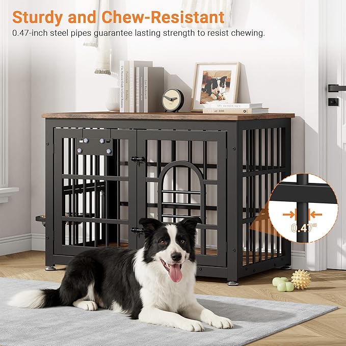 Dog Crate Furniture with Name Tag, Dog Kennel Indoor with 360° Rotating Feeder and Adjustable Heights Bowls, Wooden Decorative Pet Cage End Table for Small Medium Dogs, Rustic Brown 37.8" L
