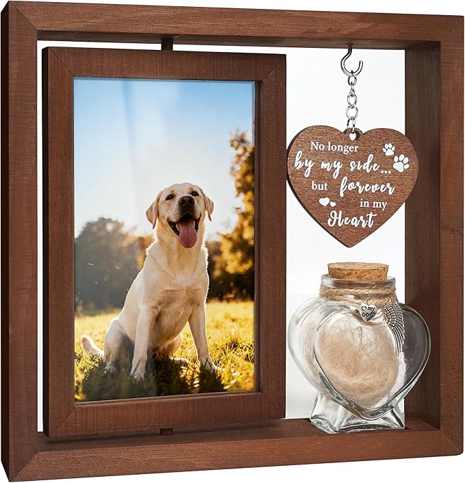 Dog Memorial Gifts for Loss of Pet - Rotating Wooden Frame for 4x6 Photo & Fur Hair Jar - Sympathy Gift for Pet Bereavement, Remembrance Keepsake - Rainbow Bridge Gift for Dog Lovers & Cat Lovers
