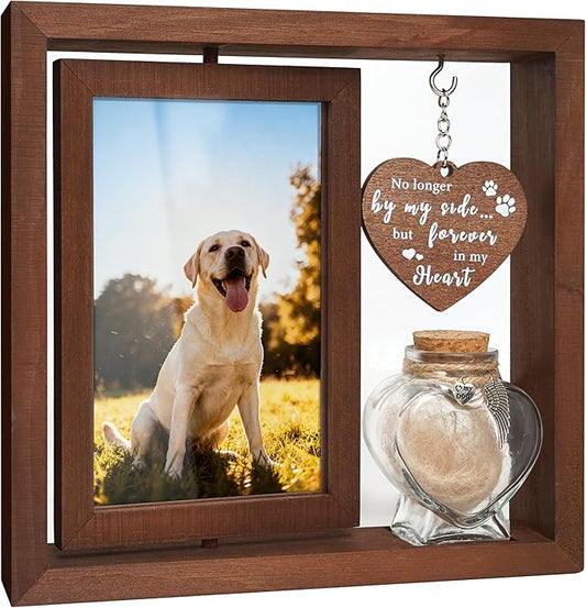 Dog Memorial Gifts for Loss of Pet - Rotating Wooden Frame for 4x6 Photo & Fur Hair Jar - Sympathy Gift for Pet Bereavement, Remembrance Keepsake - Rainbow Bridge Gift for Dog Lovers & Cat Lovers