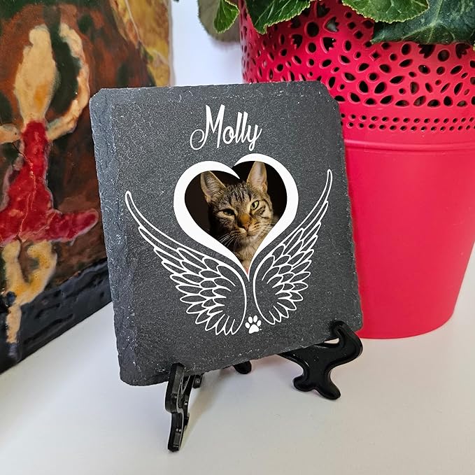 Personalized Individual Square Memorial Plaque + Stand for Pet Cat Dog Slate Stone Frame Paw Grave Marker - Size 3.94" x 3.94" or 100 x 100 mm - Angel Wings