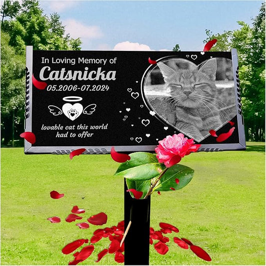 Generic Personalized Pet Memorial Stones,Dog Headstones, Cat Tombstone Outdoor, Black Granite Memorial Garden Stone Engraved with Photo, Pet Headstone Sympathy Gifts (for Pets) (cat)