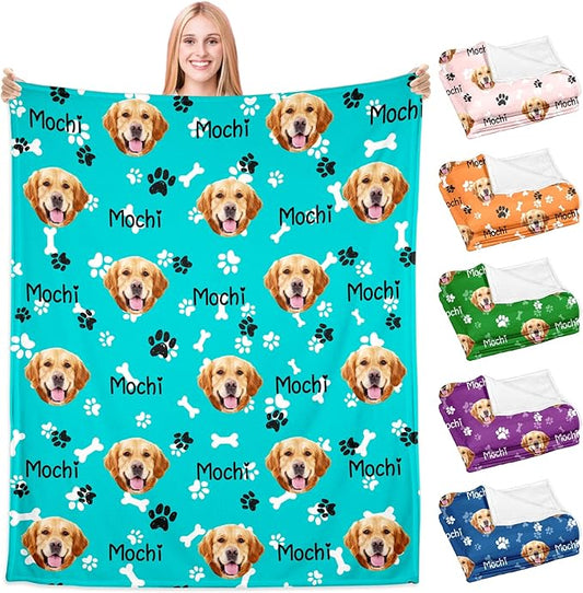 Custom Dog Blanket with Picture Name, Personalized Dog Face Throw Blanket, Customized Puppy Blanket with Photo, Birthday for Pet Lovers in Loving Memory Pet Blankets for Dogs Mom Dad