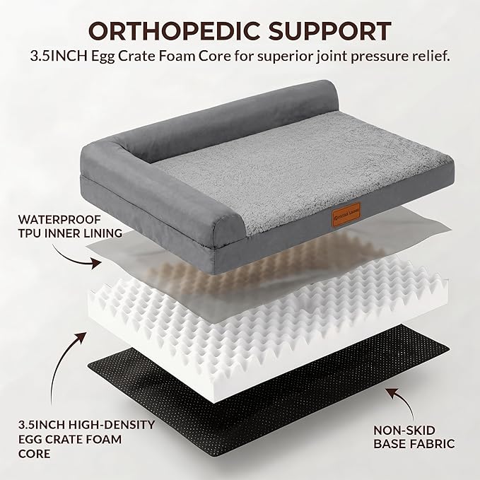 Patas Lague Orthopedic XL Dog Bed Large Sized Dog 42''X28'', Waterproof L Bolster Big Large Pet Sofa Beds with Removable Washable Cover, Soft Comfortable Pet Couch Crate Mat with Nonskid Bottom, Grey