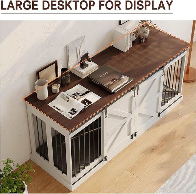 Dog Crate Furniture - Indoor Wooden Dog Kennel with Room Divider and Double Sliding Barn Doors - 71”x23.6”x31.5”H, White
