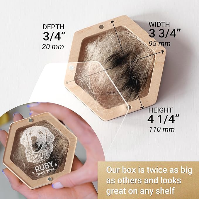 Personalized Pet Hair Keepsake Box for Dog and Cat Fur - Engraved Wood Memorial Box - Unique Customized Gift for Loss of Furry Friend Wooden (Dark Diamand Clear Lid, With Photo)