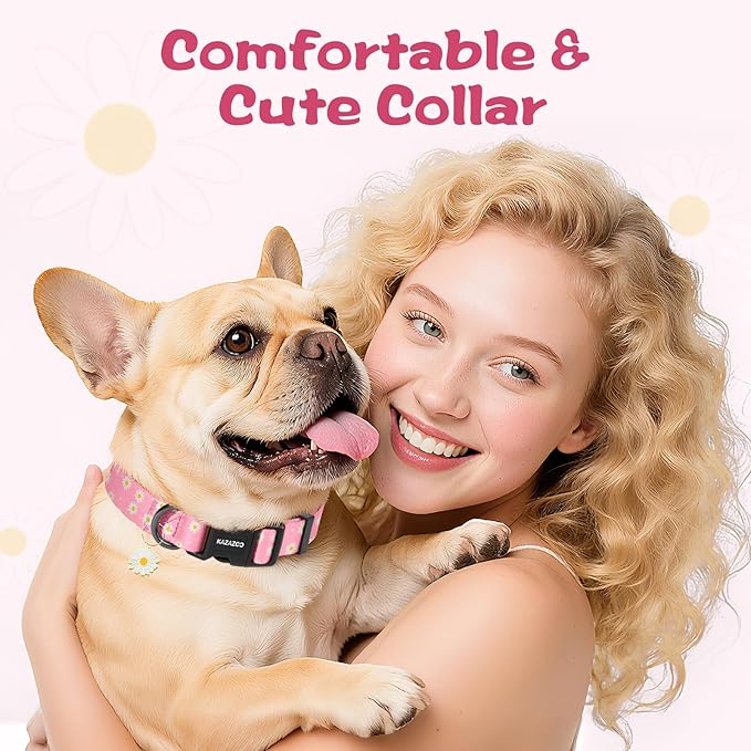 Kazazoo Dog Collar Cute and Soft Nylon Puppy Collar Girl, Adjustable Dog Collars for Medium Large Dogs, Pink Daisy-L