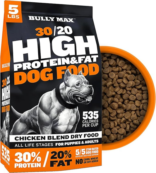 Bully Max Dry Dog Food for Adults & Puppies - High Protein & Fat for Muscle & Weight Gain - High Performance Dog Food Supplements - Small & Large Breed Dogs (535 Calories Per Cup), Chicken, 5lb Bag