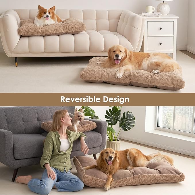 EHEYCIGA Washable XL Dog Bed for Crate 41x27 Inch, Reversible Kennel Pad for Extra Large Dogs Weight Up to 75 lbs, Plush and Comfy Pet Sleeping Mat, Camel