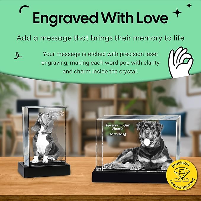 Monume 3D Pet Memorial Frame (3.6"x2.6") – Laser Engraved 3D Crystal Photo Made from Clear-Cut Crystal Glass – Custom Dog Memorial Gifts for Remembrance Keepsake of Dog or Cat
