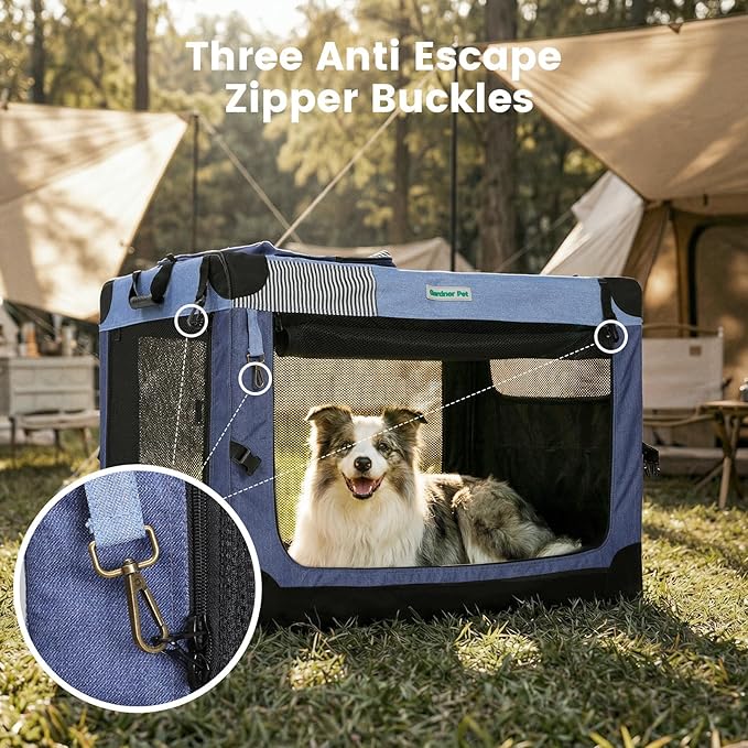 Gardner Pet Soft Collapsible Dog Crate - 30 Inch Portable Travel Dog Crate for Small/Medium Dogs Indoor & Outdoor, 3-Door Pet Crate with Durable Mesh Windows & Storage Bag, Blue