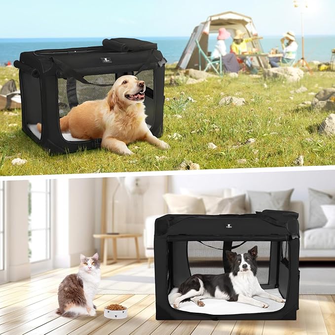 X-ZONE PET Dog Crate 3-Door Kennel, Collapsible Portable Soft Sided Pet Carriers for Indoor & Outdoor, Multiple (28-Inch, Carbon Black)